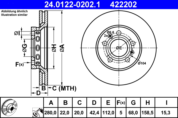 Disc frana VW PHAETON (3D1, 3D2, 3D3, 3D4, 3D6, 3D7, 3D8, 3D9) 5.0 V10 TDI 4motion  diesel 313 cai ATE 24.0122-0202.1