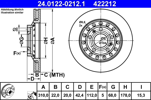 Disc frana VW PHAETON (3D1, 3D2, 3D3, 3D4, 3D6, 3D7, 3D8, 3D9) 5.0 V10 TDI 4motion  diesel 313 cai ATE 24.0122-0212.1