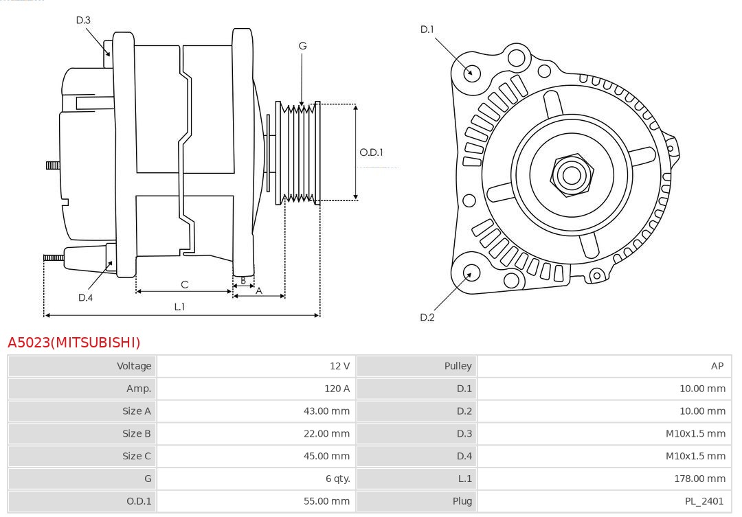 Alternator AS-PL A5023(MITSUBISHI)