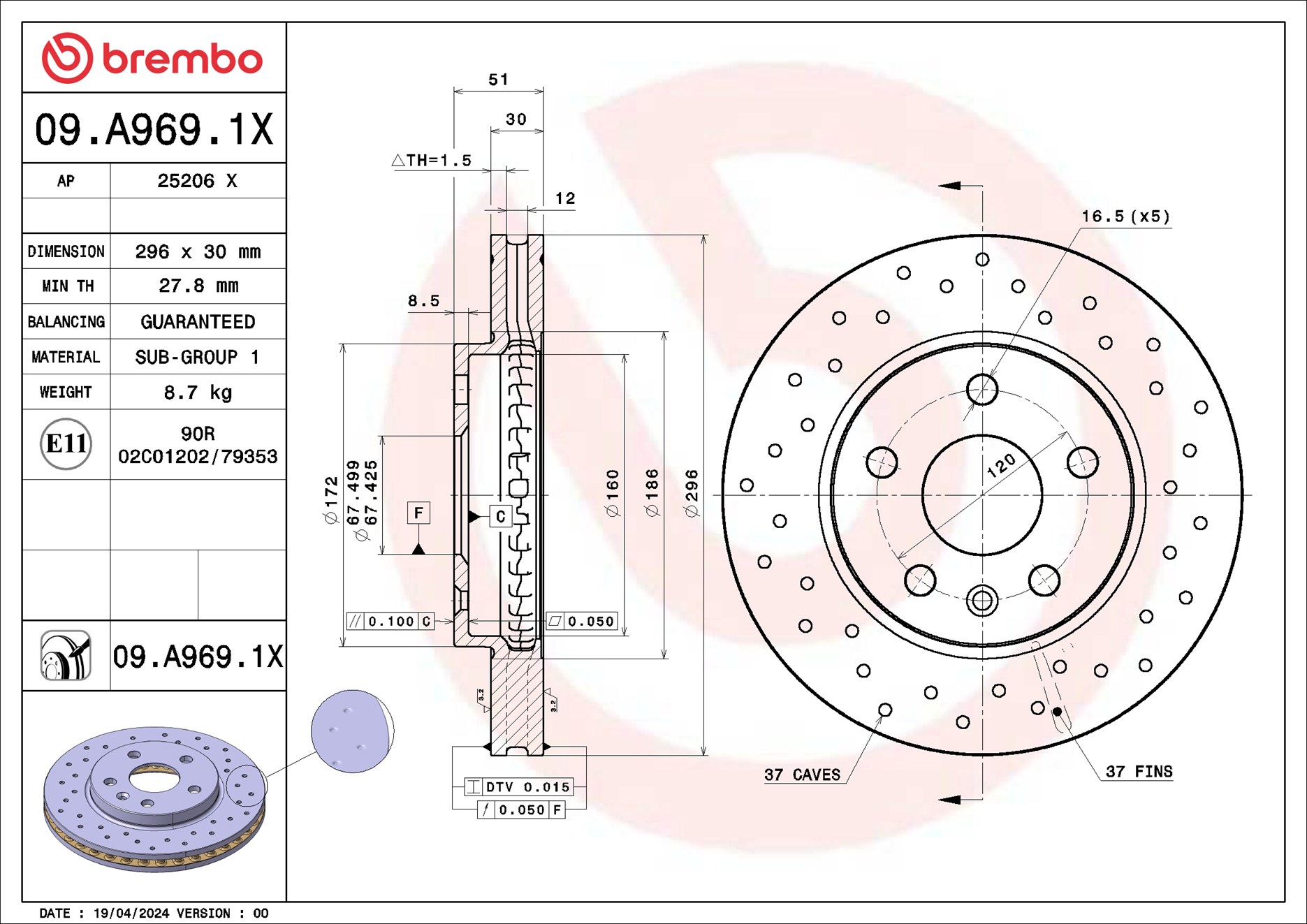 Disc frana BREMBO 09.A969.1X