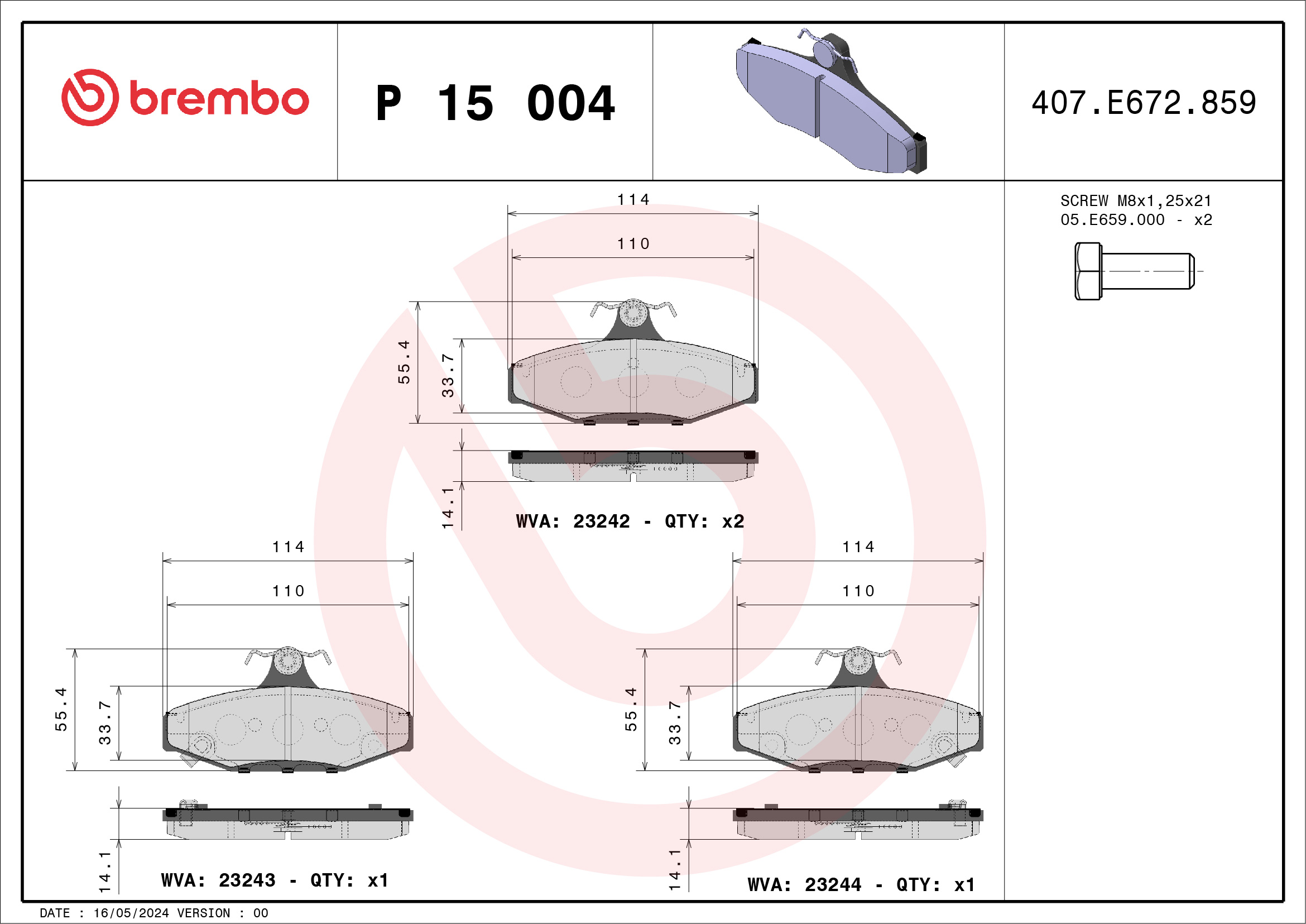 Placute frana BREMBO P 15 004