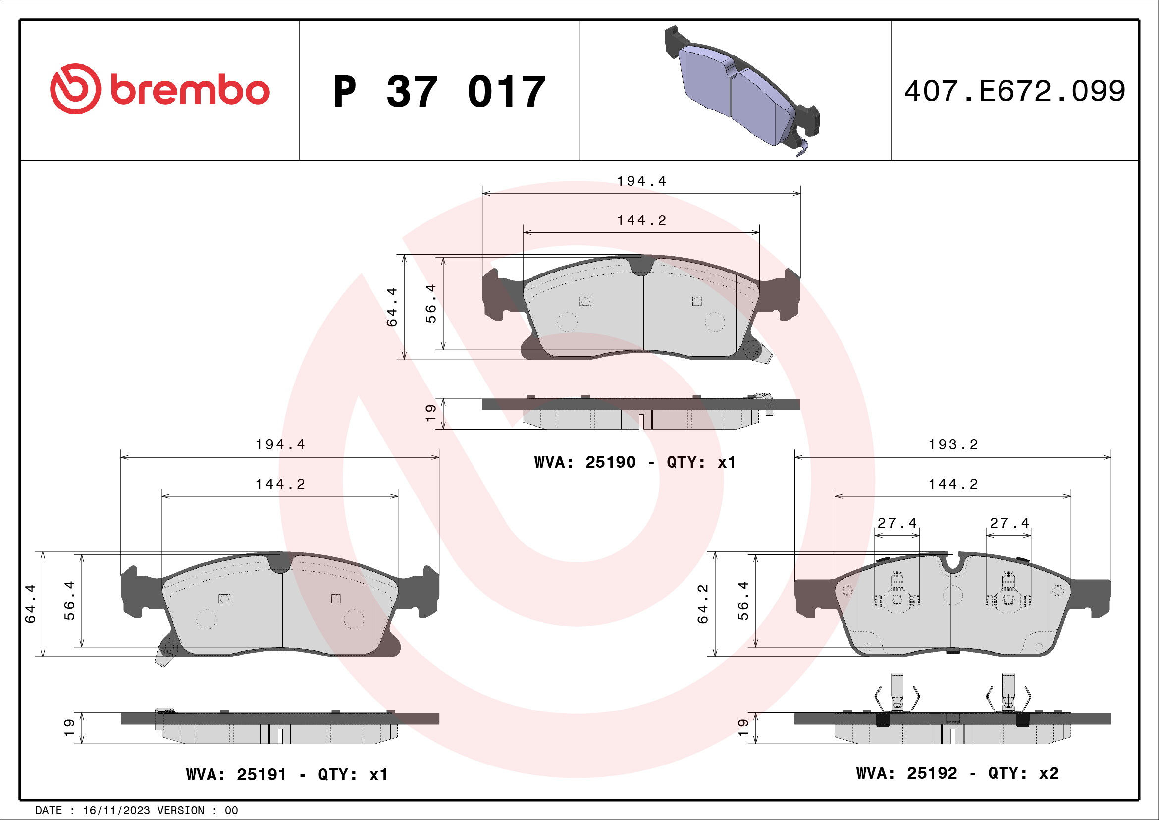 Placute frana BREMBO P 37 017