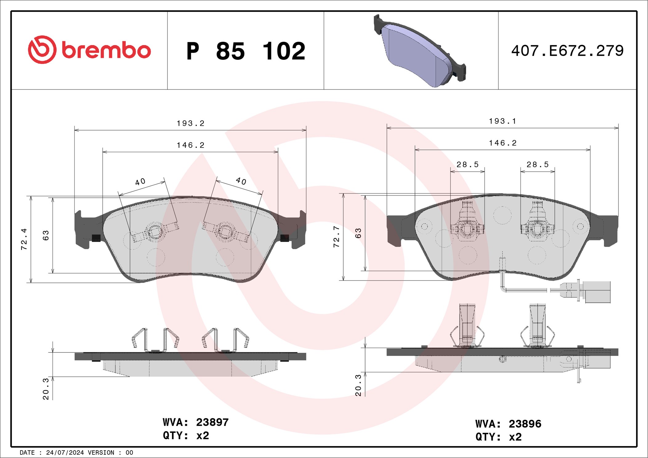 Placute frana VW PHAETON (3D1, 3D2, 3D3, 3D4, 3D6, 3D7, 3D8, 3D9) 3.0 V6 TDI 4motion  diesel 240 cai BREMBO P85102
