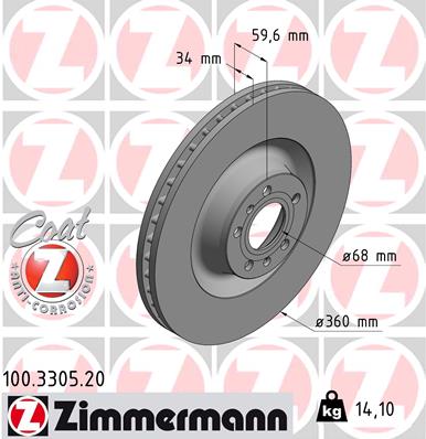 Disc frana VW PHAETON (3D1, 3D2, 3D3, 3D4, 3D6, 3D7, 3D8, 3D9) 5.0 V10 TDI 4motion  diesel 313 cai ZIMMERMANN 100.3305.20